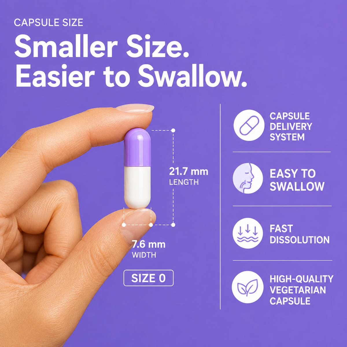Close-up of Nutrovell Menopause Wellness capsule showing size dimensions
