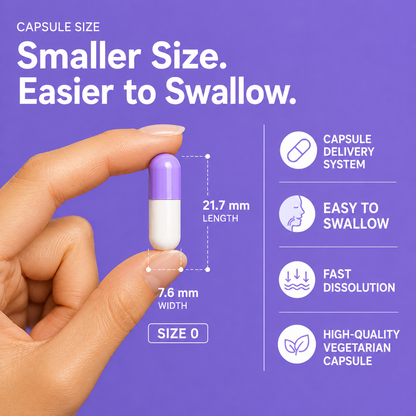 Close-up of Nutrovell Menopause Wellness capsule showing size dimensions