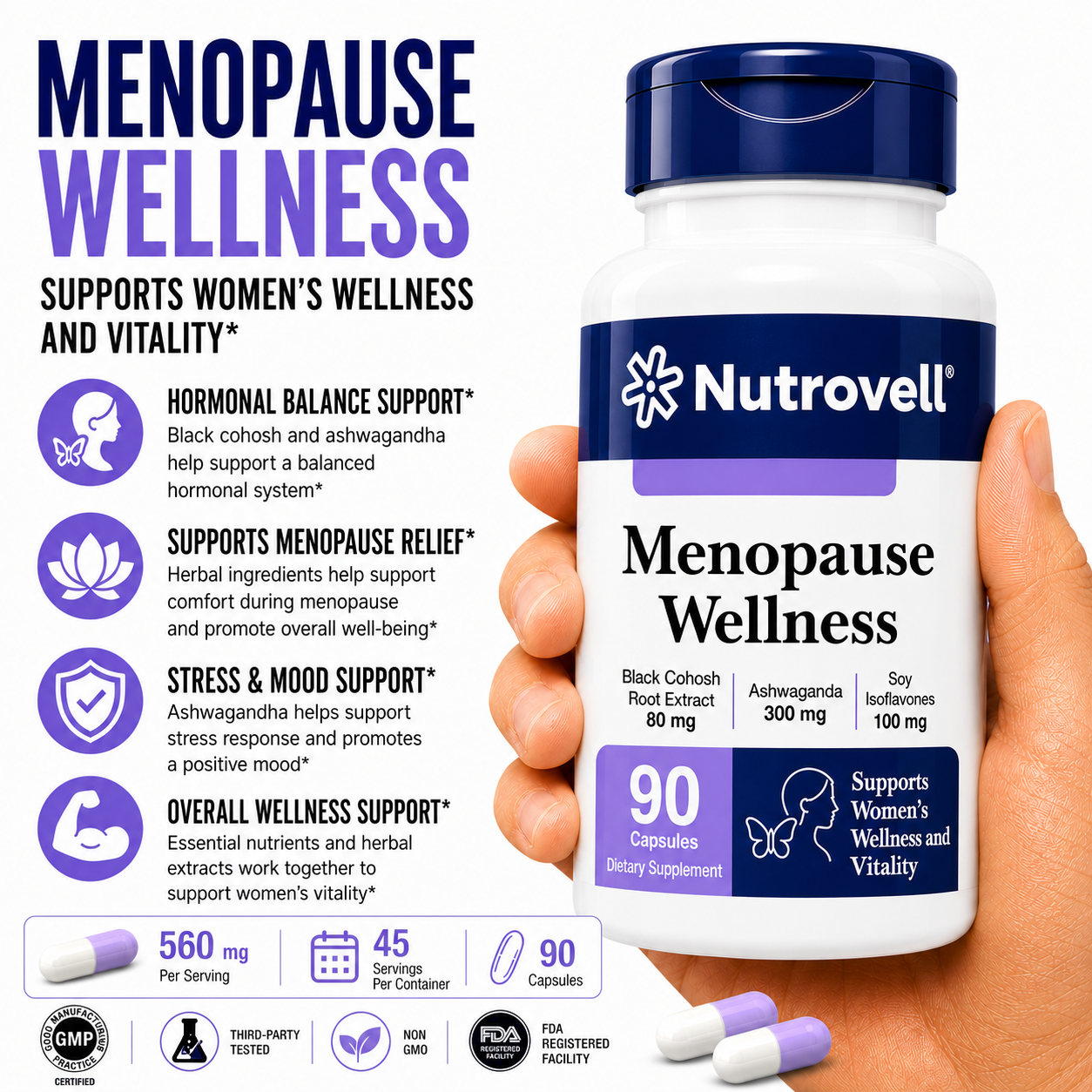 Hand holding Nutrovell Menopause Wellness bottle with detailed benefits