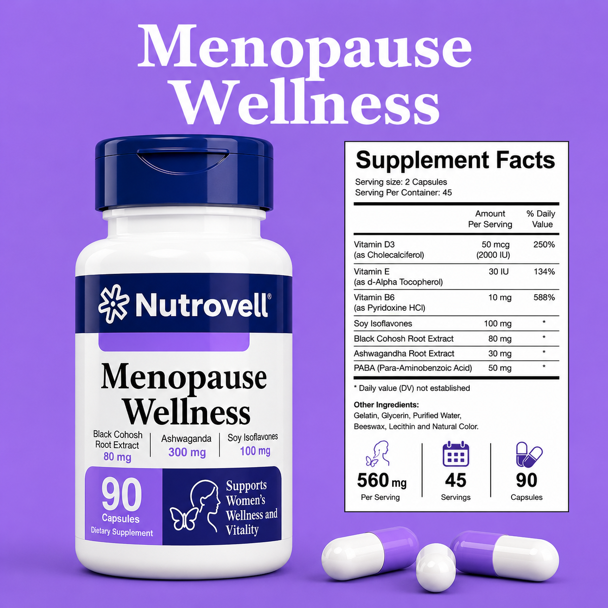 Nutrovell Menopause Wellness supplement facts label showing Black Cohosh, Ashwagandha, and Soy Isoflavones