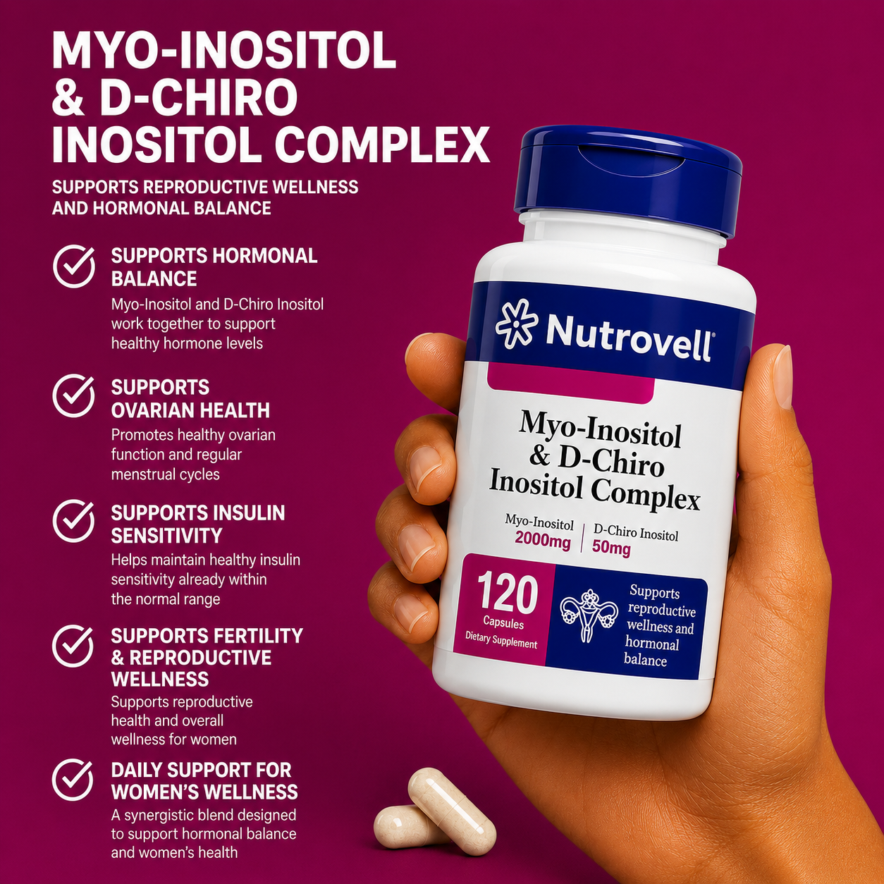 Hand holding Nutrovell Myo-Inositol & D-Chiro Inositol Complex bottle