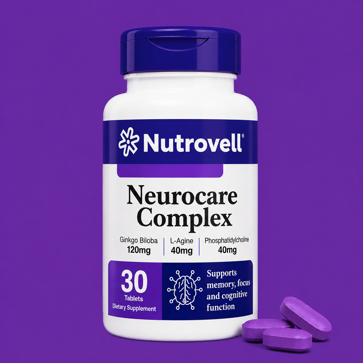 Nutrovell Neurocare Complex bottle, 30 tablets, brain support supplement