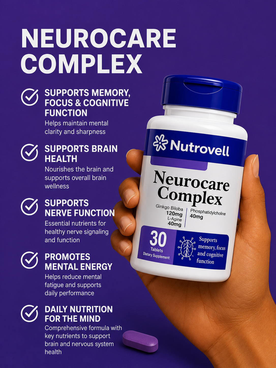 Hand holding a bottle of Nutrovell Neurocare Complex with key benefits listed