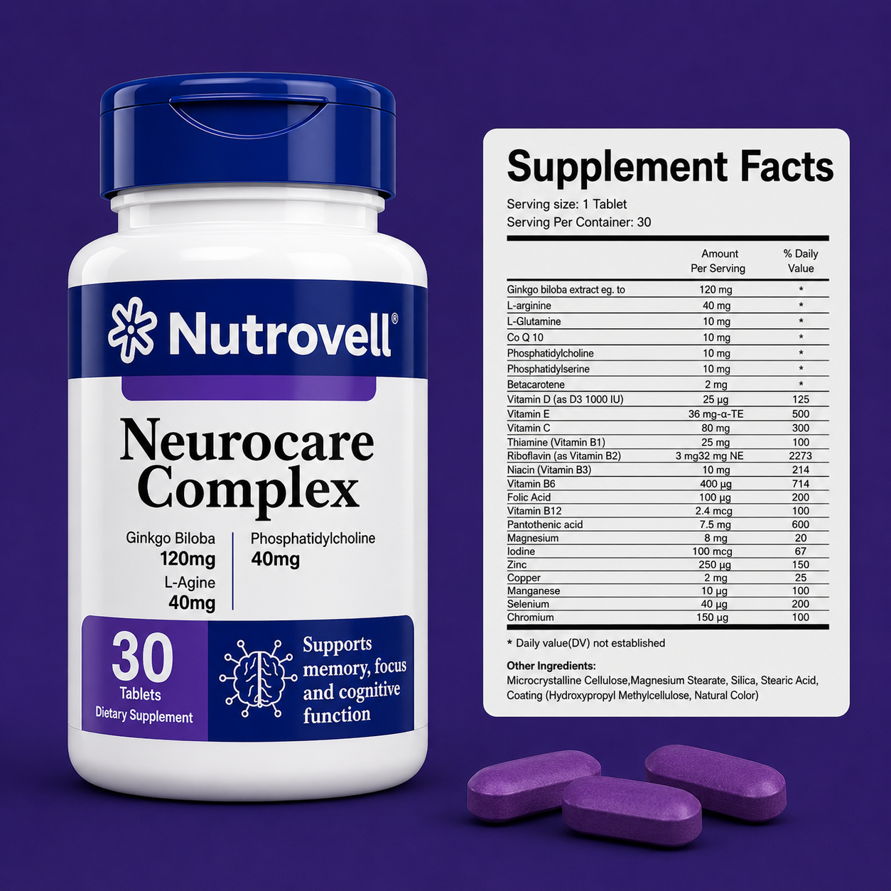 Nutrovell Neurocare Complex Supplement Facts panel showing ingredients and serving size