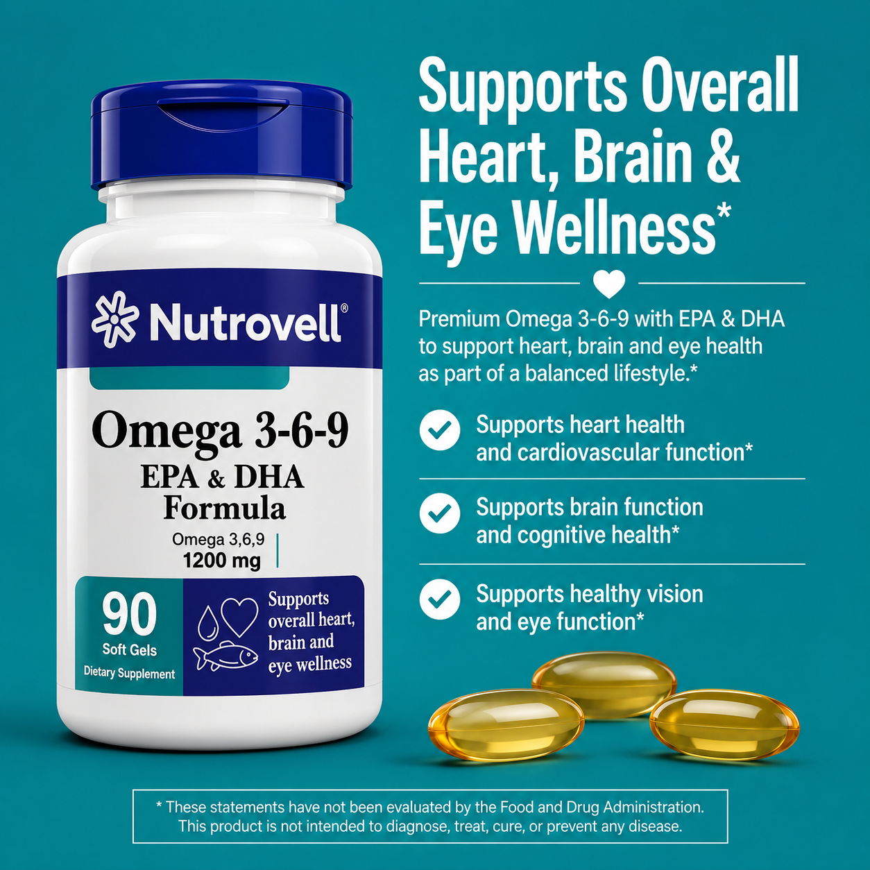 Nutrovell Omega 3-6-9 banner highlighting heart, brain, and eye wellness support