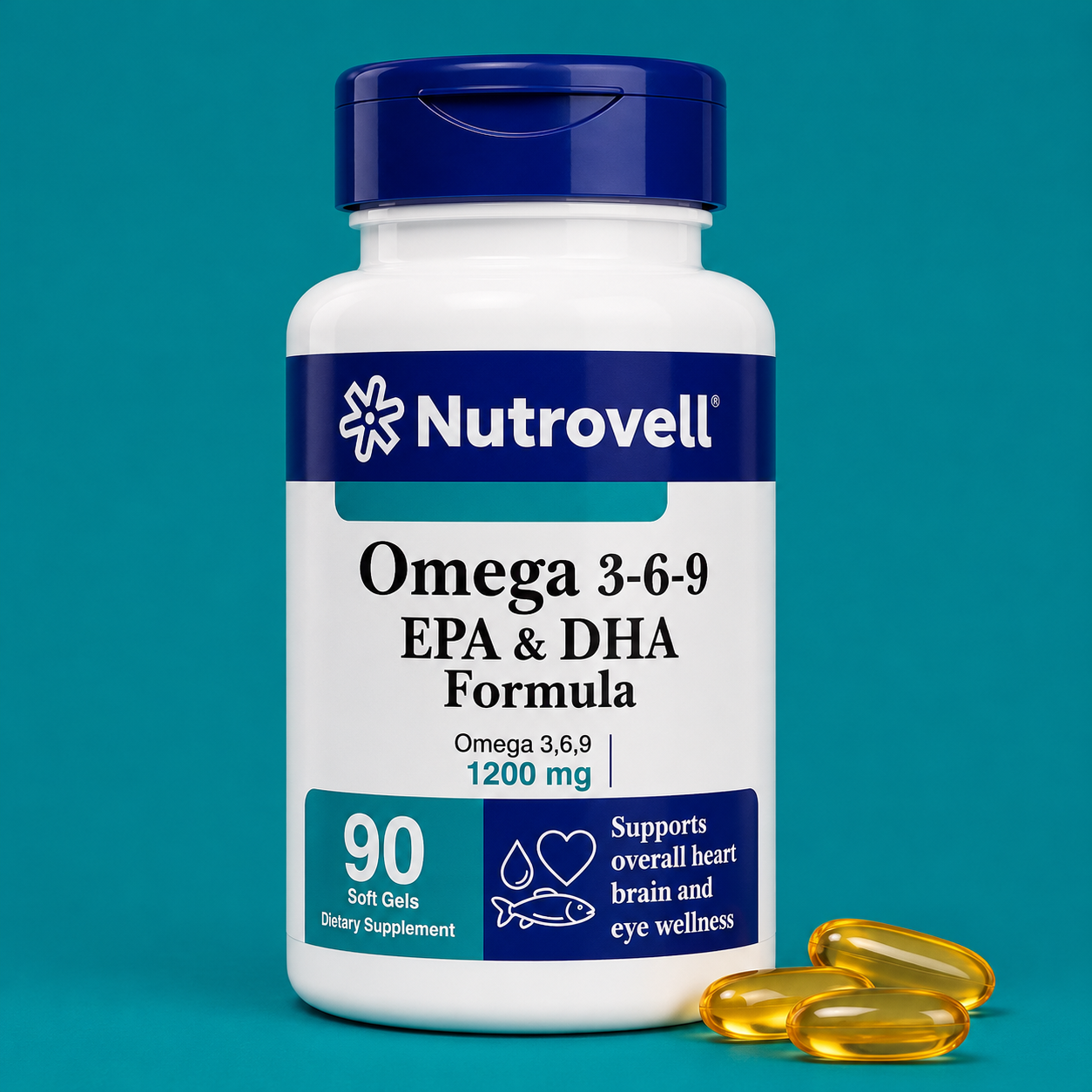 Nutrovell Omega 3-6-9 bottle, 90 softgels, EPA and DHA formula