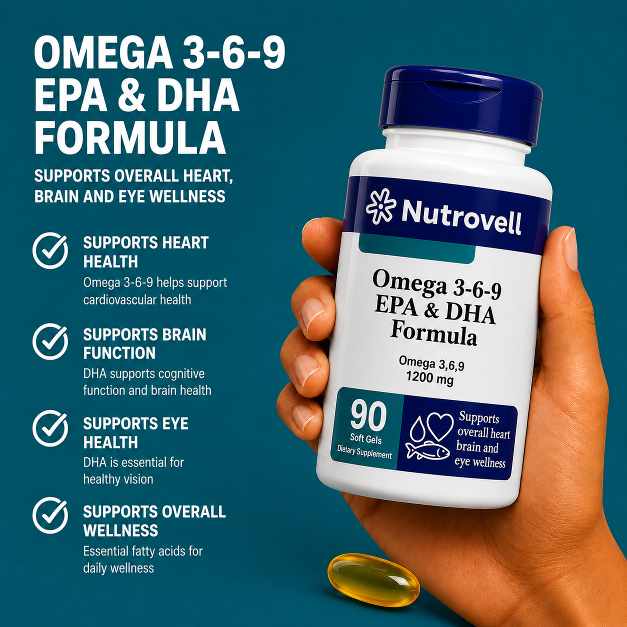 Hand holding a bottle of Nutrovell Omega 3-6-9 with key benefits listed