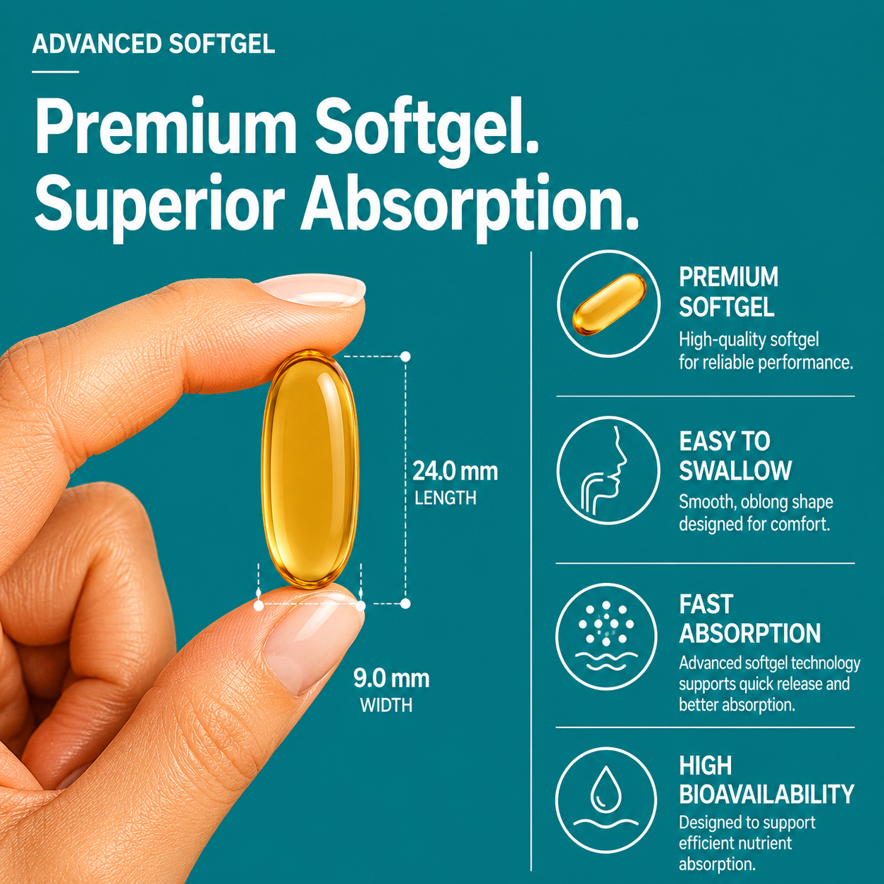 Close-up of Nutrovell Omega 3-6-9 softgel size