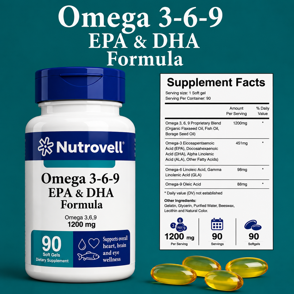 Nutrovell Omega 3-6-9 Supplement Facts panel showing ingredients and serving size