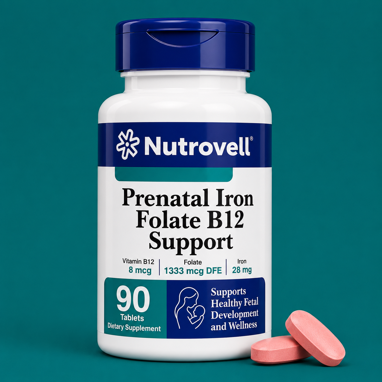 Nutrovell Prenatal Iron, Folate & B12 Support bottle of 90 tablets