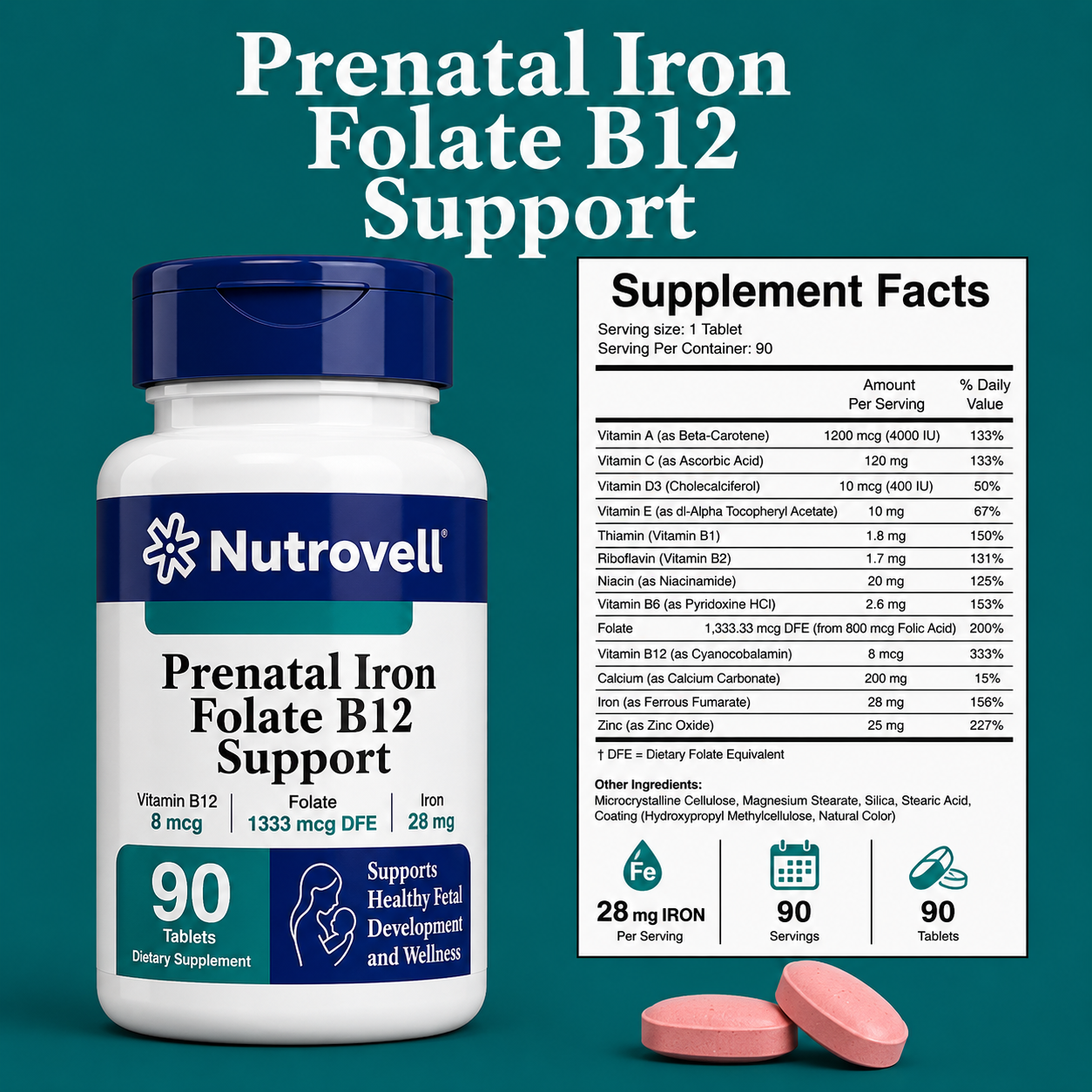 Nutrovell Prenatal Iron, Folate & B12 Support Supplement Facts label showing folate, iron, vitamin B12, and other nutrients