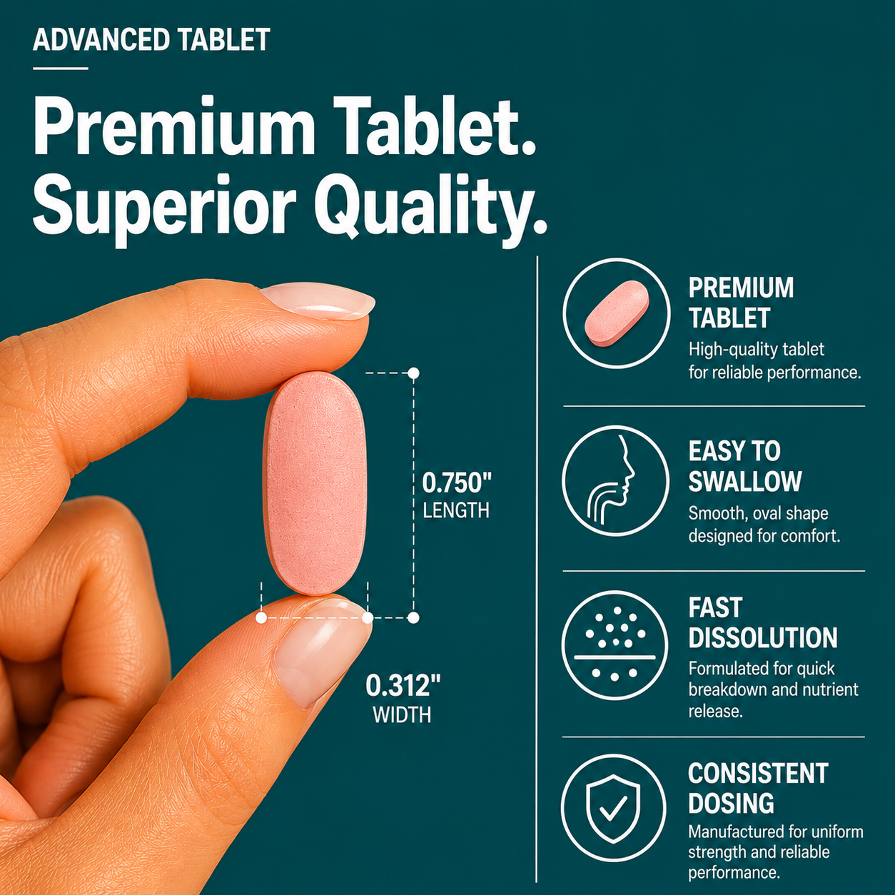 Close-up of Nutrovell Prenatal Iron, Folate & B12 Support tablet showing actual size