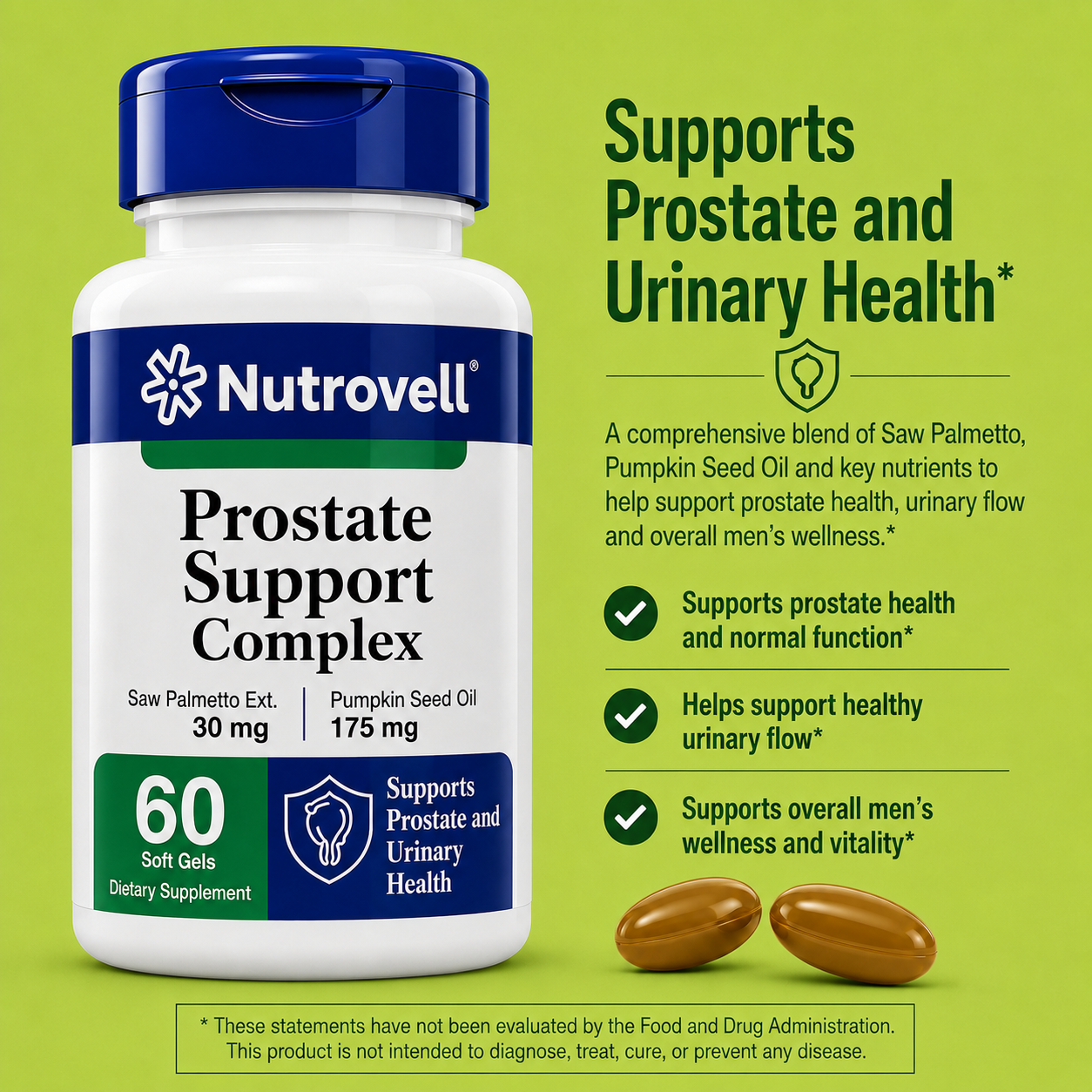 Nutrovell Prostate Support Complex benefits infographic: supports prostate health and normal function, helps support healthy urinary flow, supports overall men's wellness and vitality