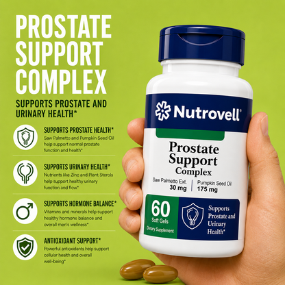 Hand holding Nutrovell Prostate Support Complex bottle with benefits list: prostate health support, urinary health support, hormone balance support, antioxidant support