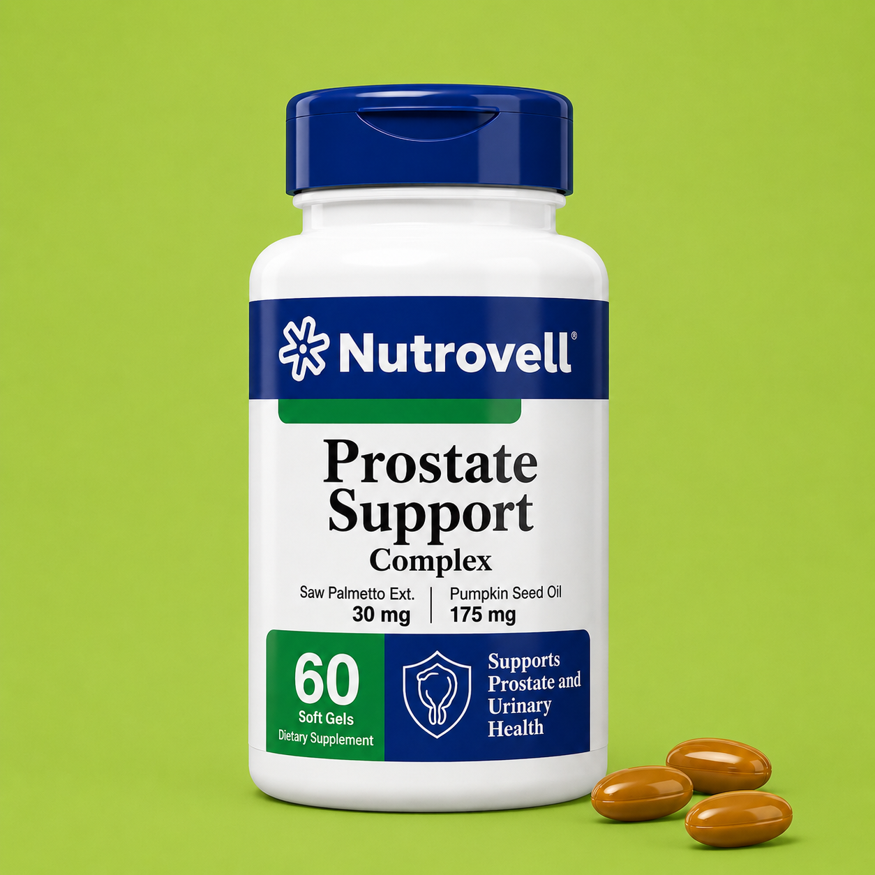 Nutrovell Prostate Support Complex bottle, Saw Palmetto & Pumpkin Seed Oil formula, 60 softgels dietary supplement