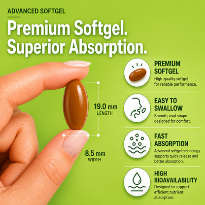 Close-up of Nutrovell Prostate Support Complex softgel capsule, premium softgel designed for superior absorption