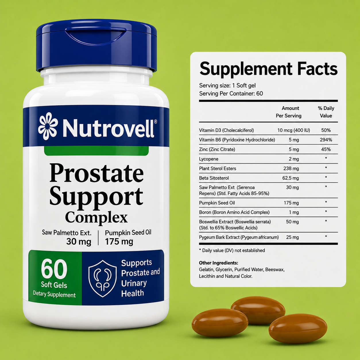 Nutrovell Prostate Support Complex bottle next to Supplement Facts label showing Saw Palmetto, Pumpkin Seed Oil, Pygeum Bark, Boswellia, Beta Sitosterol, Plant Sterol Esters, Vitamin D3, B6, Zinc, Lycopene, and Boron