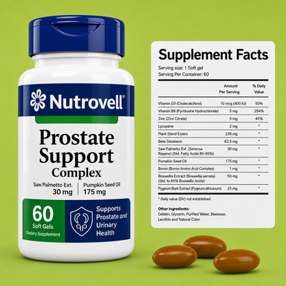 Nutrovell Prostate Support Complex bottle next to Supplement Facts label showing Saw Palmetto, Pumpkin Seed Oil, Pygeum Bark, Boswellia, Beta Sitosterol, Plant Sterol Esters, Vitamin D3, B6, Zinc, Lycopene, and Boron