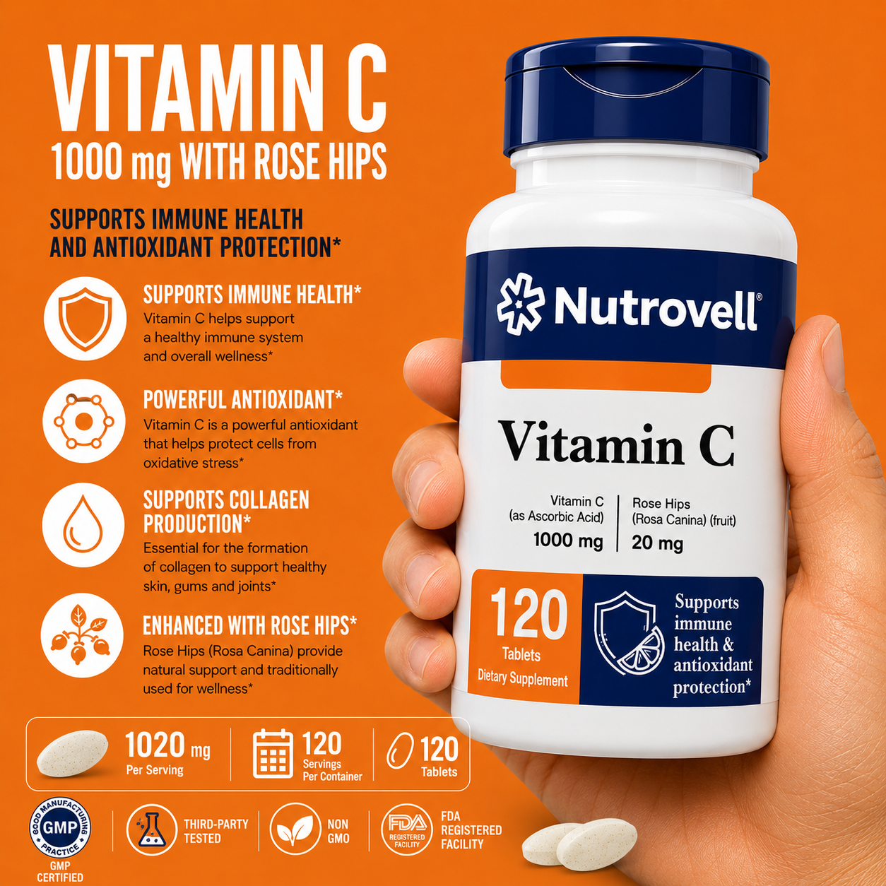 Hand holding Nutrovell Vitamin C 1000mg bottle with rose hips, detailed benefits