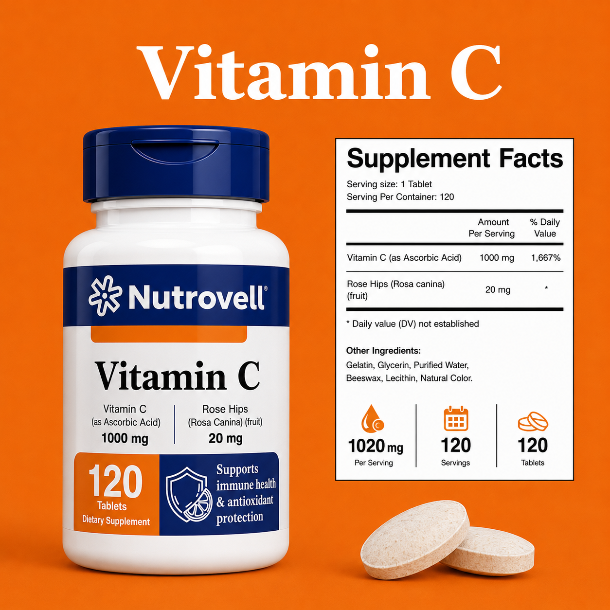 Nutrovell Vitamin C supplement facts label showing ascorbic acid and rose hips ingredients