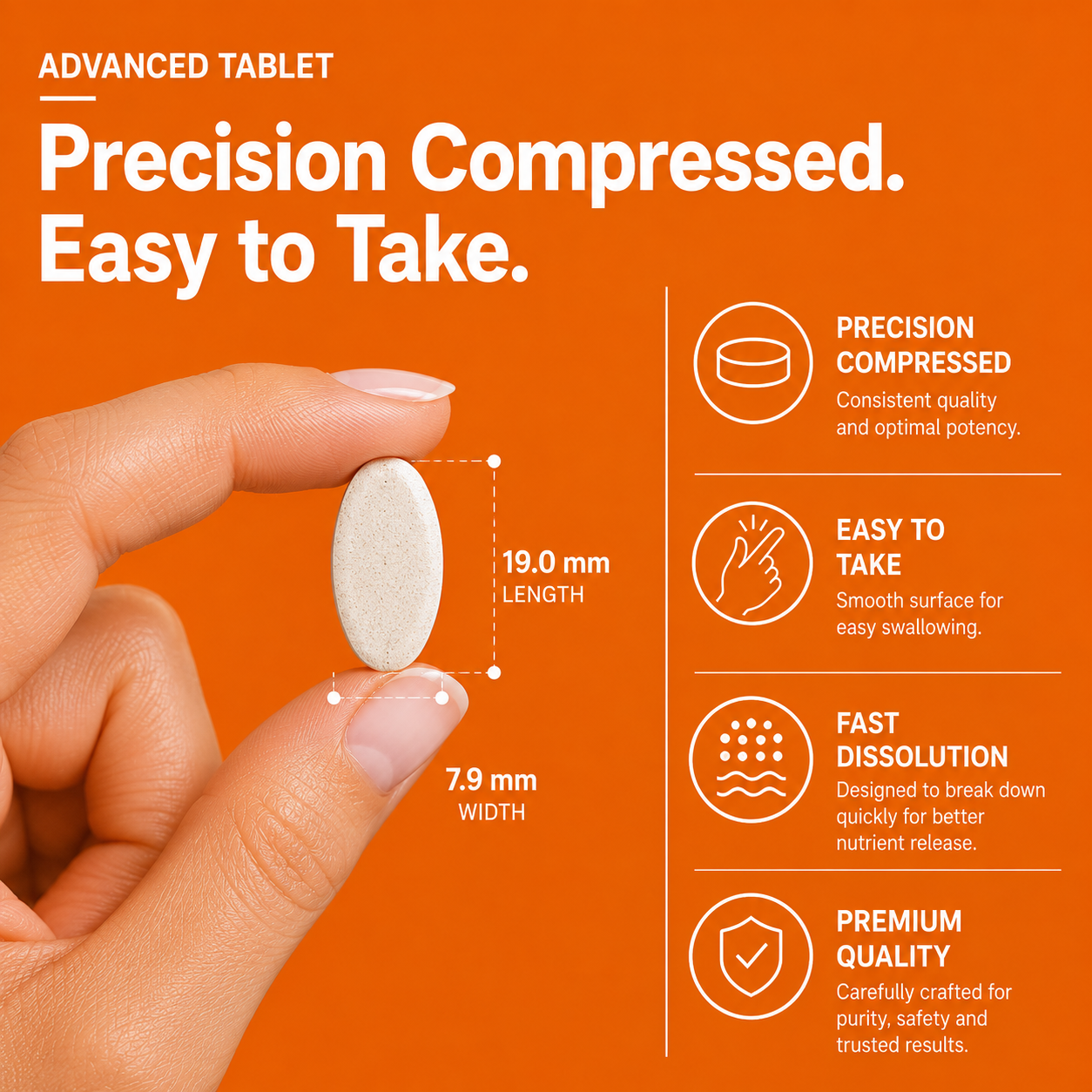 Close-up of Nutrovell Vitamin C precision compressed tablet showing size dimensions