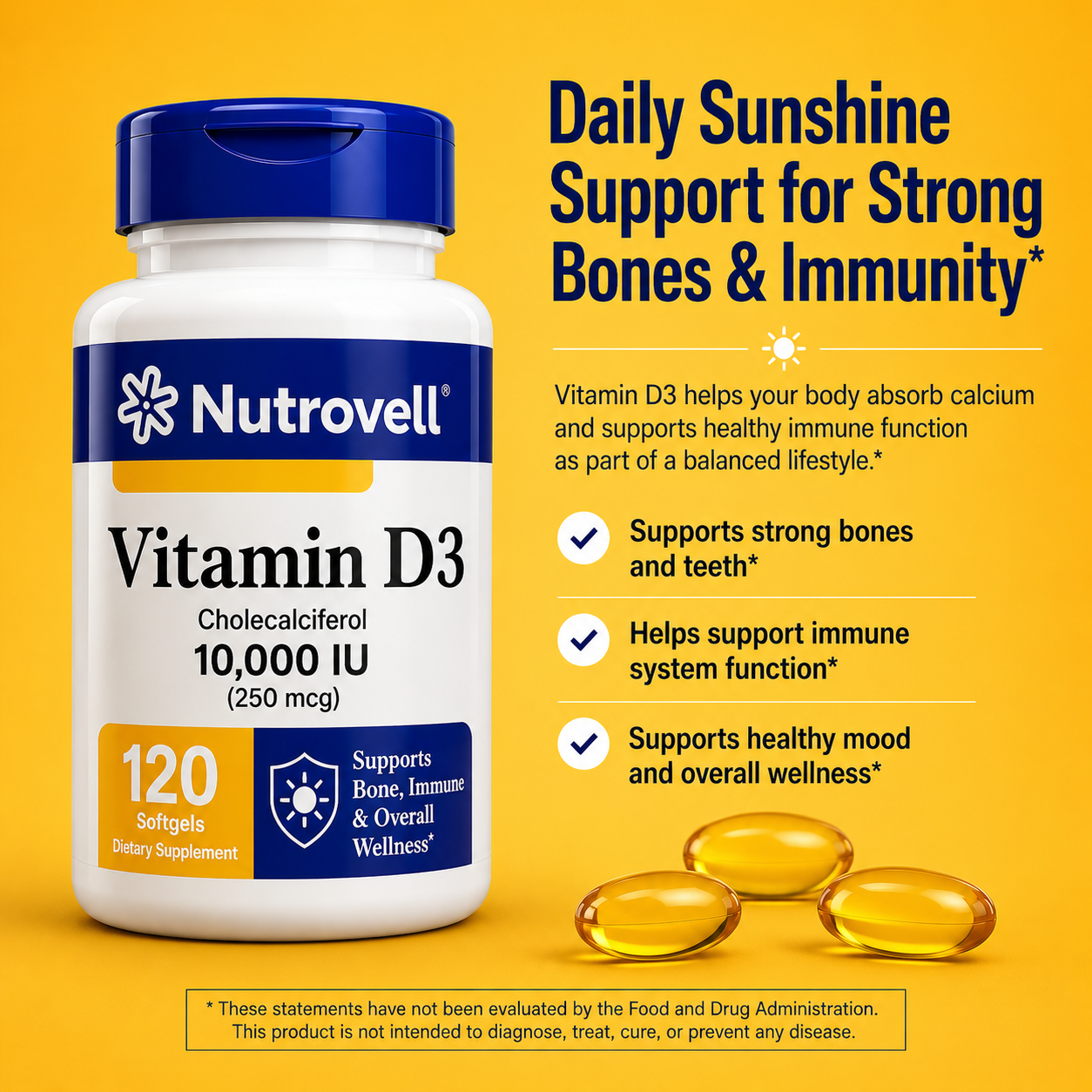Nutrovell Vitamin D3 banner highlighting bone, immune, and mood support