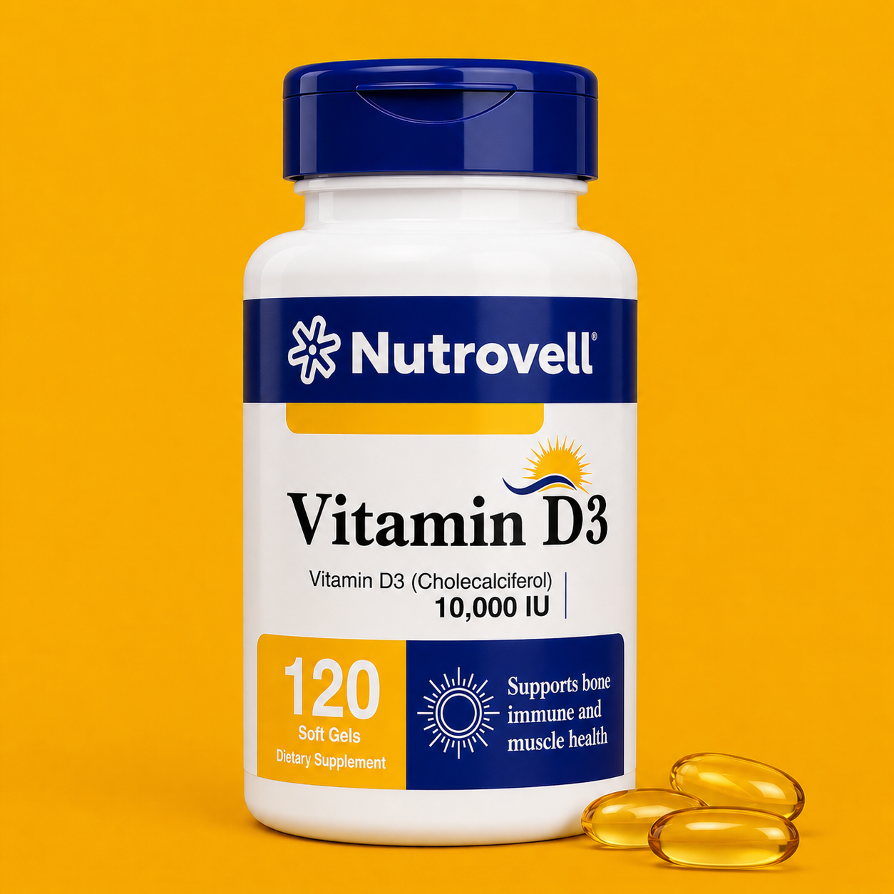 Nutrovell Vitamin D3 10,000 IU bottle, 120 softgels