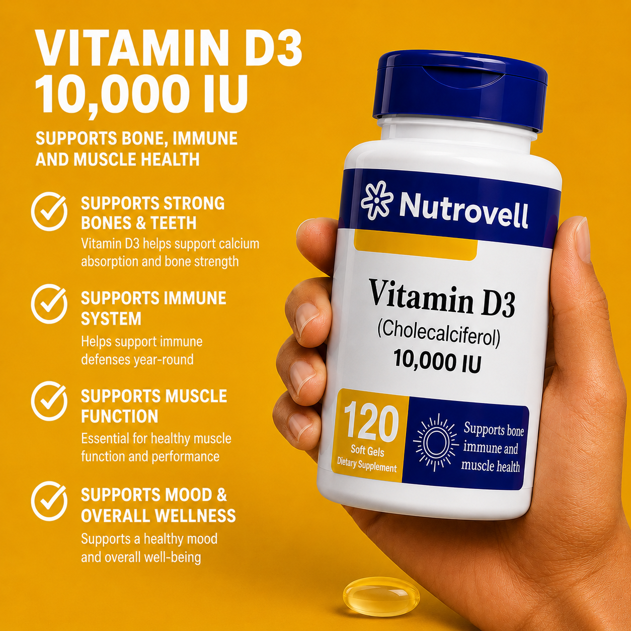 Hand holding a bottle of Nutrovell Vitamin D3 10,000 IU with key benefits listed