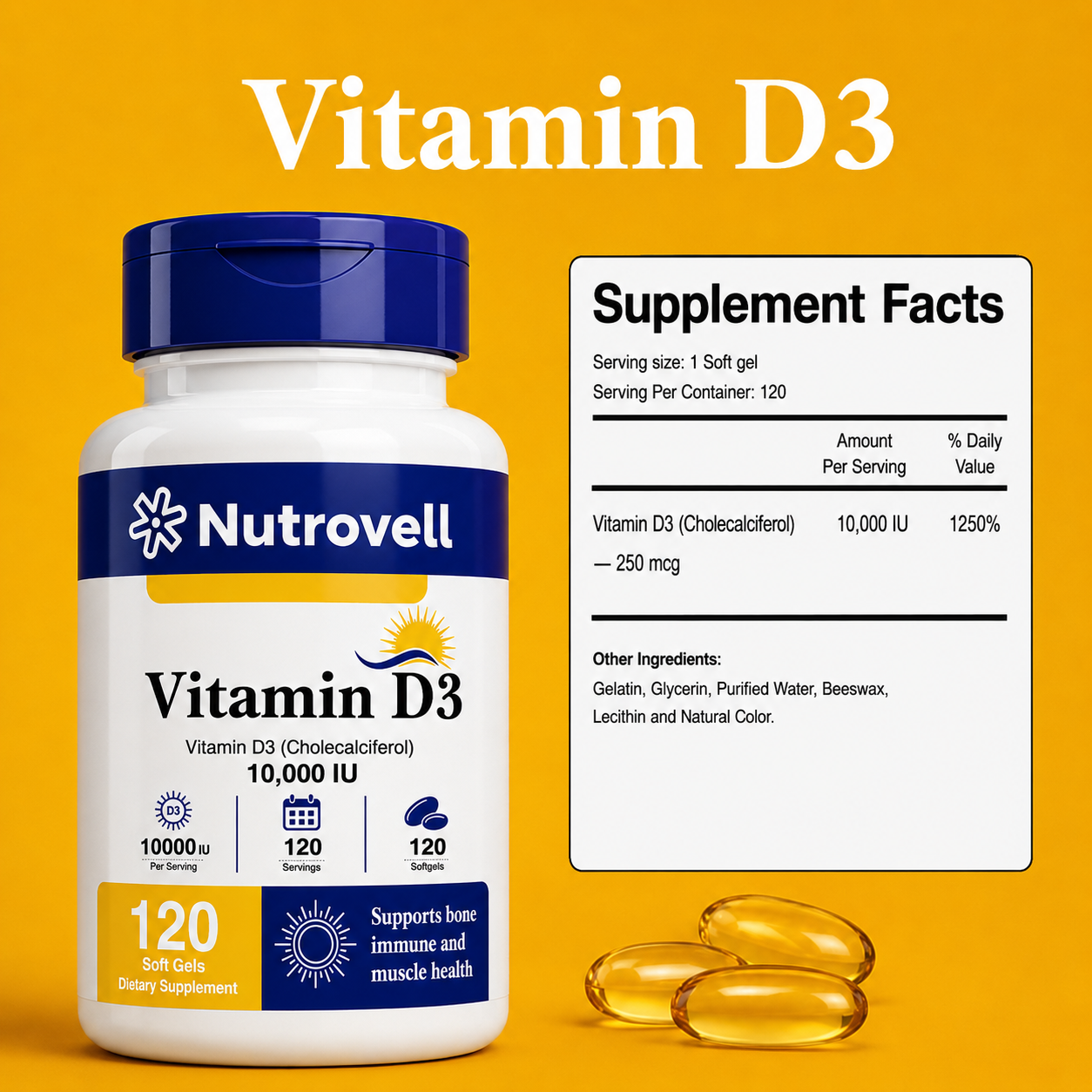 Nutrovell Vitamin D3 Supplement Facts panel showing 10,000 IU cholecalciferol