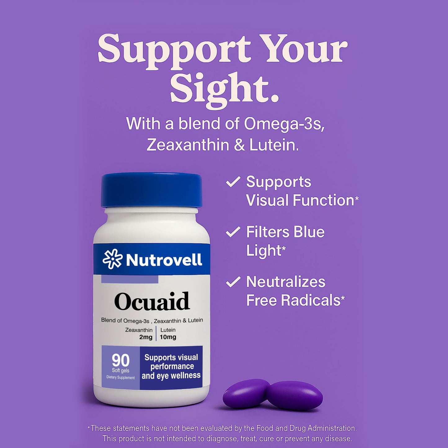 OcuAid – Omega-3 Fatty Acids (EPA 300 mg, DHA 200 mg) + Lutein 10 mg + Zeaxanthin 2 mg – 90 Softgels