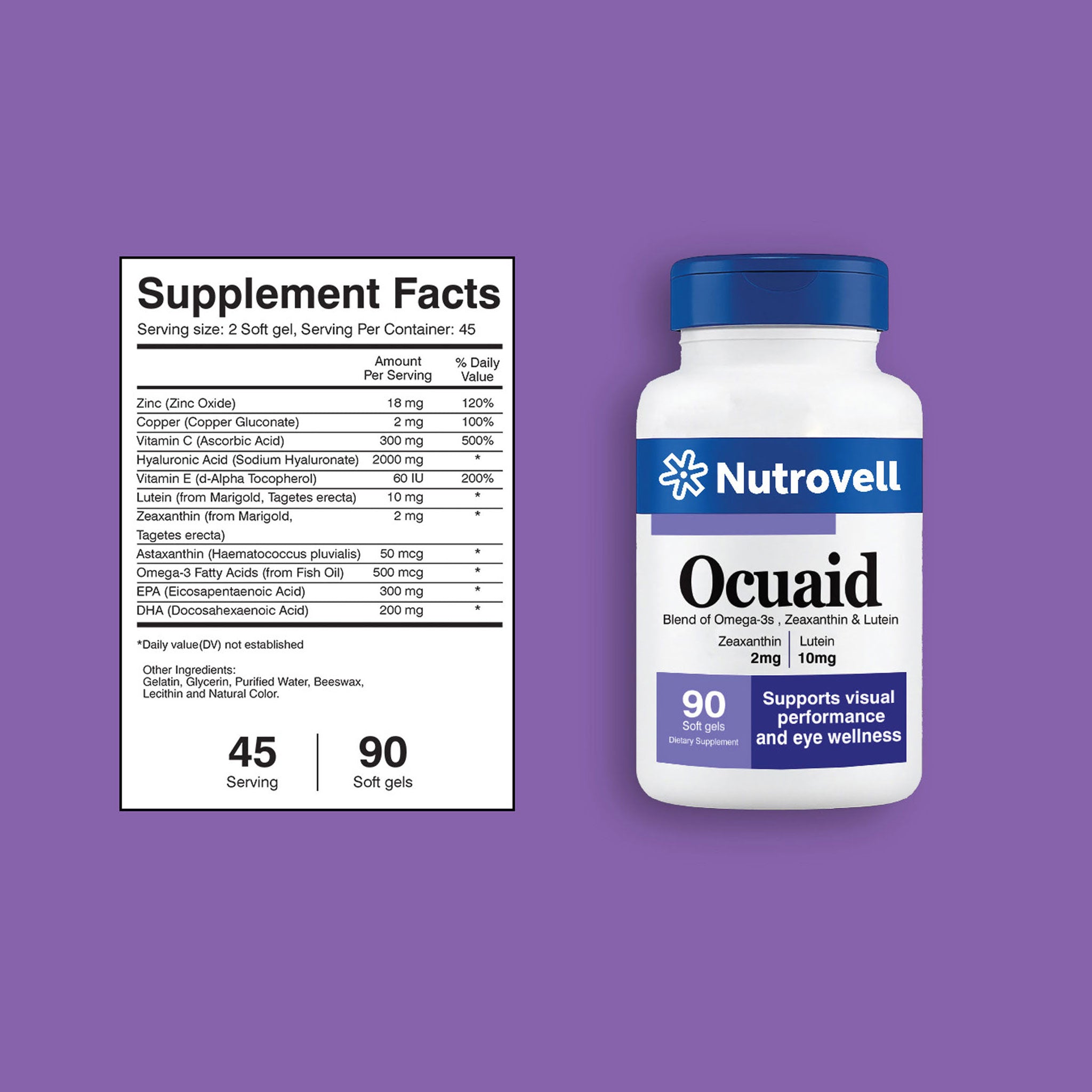 OcuAid – Omega-3 Fatty Acids (EPA 300 mg, DHA 200 mg) + Lutein 10 mg + Zeaxanthin 2 mg – 90 Softgels